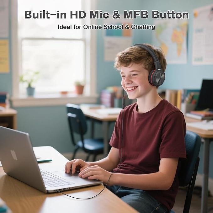 SIMOLIO Manyshare Series- Kids Wired Headphones with Microphone, Boys Headphone w/Volume Limit & Share Port, Headset with Cord for School, Travel, Airplane, Laptop, Tablet, PC, Teens, Adults (Black) - Image 3