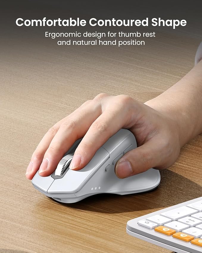 ProtoArc EKM01 Plus Wireless Ergonomic Keyboard Mouse Combo - White Silver | Full-size Split Keyboard with Cushioned Wrist Rest, Ergonomic Mouse, 3-Device Bluetooth/2.4G, USB-C Rechargeable - Image 5