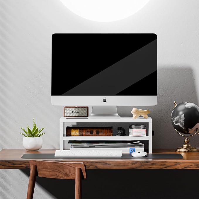 Marbrasse Wood Monitor Stand Riser,Desk Computer Printer Shelf Stand，White | 2 Tier Laptop Computer Screen Storage, Desktop Stand with Phone Holder and Cable Management - Image 6