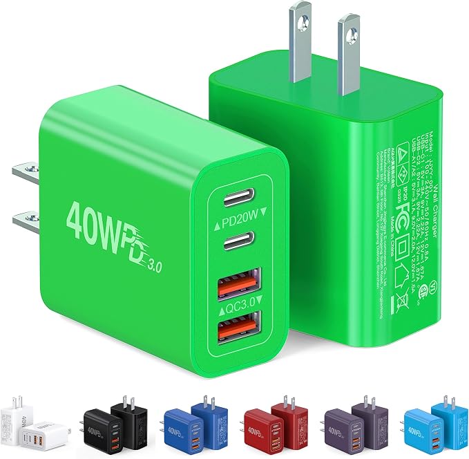 [2-Pack] 40W USB C Charger Block, 4-Port Type C Fast Charging Brick Dual PD&QC Wall Plug Adapter Power Brick for iPhone 13/14//15/16/17 Pro Max Plus/iPad/Airpods/iwatch/Samsung Galaxy (Green) by CSODINCE