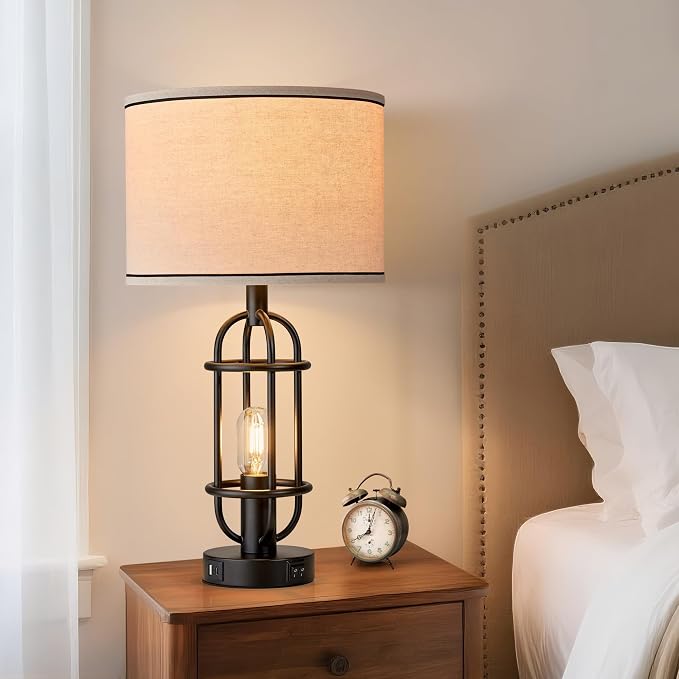 Reaketon Black Table Lamps for Living Room Set of 2, 22.3" Farmhouse Lamps for Nightstand, Industrial Table Lamps for Bedroom with USB Ports, Bulbs Included - Image 5