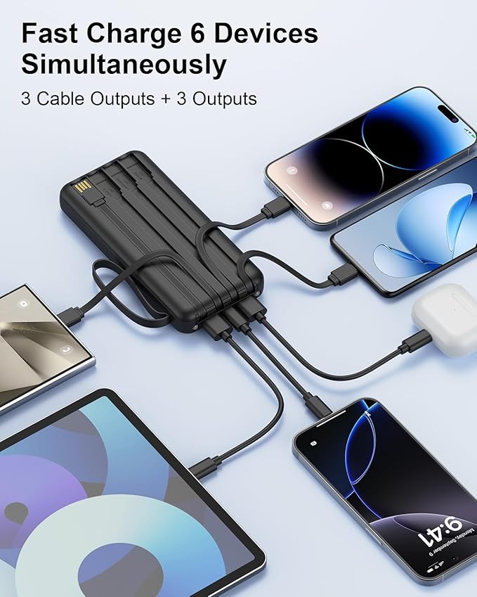 Portable Charger with Built in Cables, Power Bank 10000mAh | Built in 4 Cables, Slim, 22.5W Fast Charging, USB C LED Display, 6 Outputs & 2 Inputs, Flashlight - Image 5