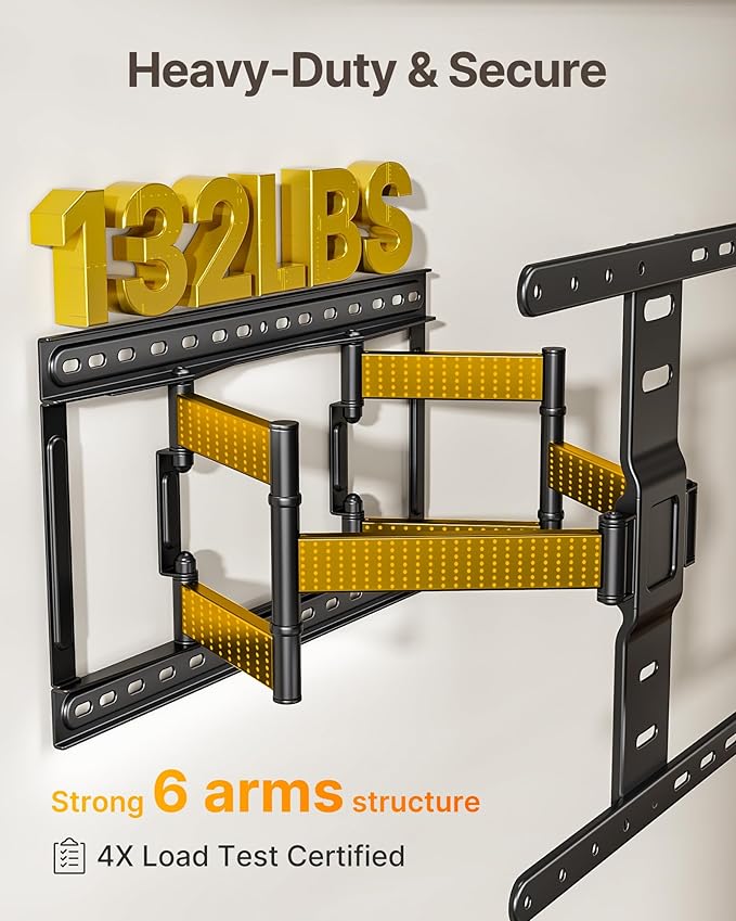 monTEK 1.1-Inch Ultra Slim Full Motion TV Wall Mount for 37-75 Inch TVs | Low-profile mount holds 132 lb, 16.5 in reach, +/-60° swivel; 4X load tested, preassembled, VESA 400x400mm, 16/18 in studs - Image 4