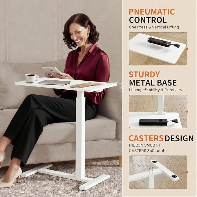 Mobile Small Standing Desk with Hidden Wheels, Pneumatic Laptop Desk, Rolling Computer Cart Movable, Portable Rolling Computer Sit Stand Side Table for Couch, Home, Office, White - Image 5