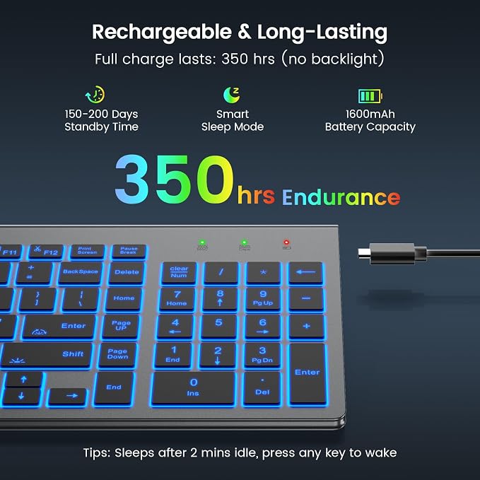 SABLUTE Wireless Keyboard with 7-Color Backlight, Quiet Low-Profile Keys | Rechargeable, Compact Cordless Design, Slim Quiet Scissor-Switch Keys, Auto Sleep, Windows, Linux, Chrome OS & Mac Compatible - Image 3