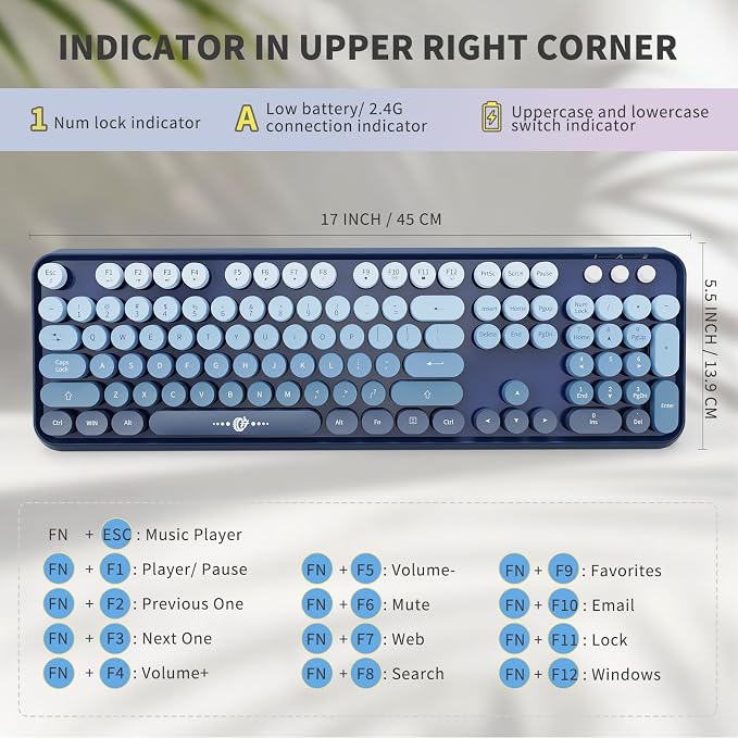 Wireless Keyboard and Mouse Combo - 2.4G Full-Sized Cute Colorful Mouse and Keyboard with 104 Round Keys Retro Typewriter Keyboard for Laptop/Windows/PC - Blue Gradient - Image 3