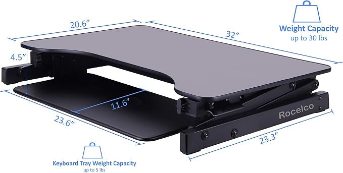 Rocelco 32" Height Adjustable Standing Desk Converter with Anti Fatigue Mat BUNDLE - Sit Stand Up Dual Monitor Riser - Computer Workstation - Large Retractable Keyboard Tray - Black (R ADRB-MAFM) - Image 3