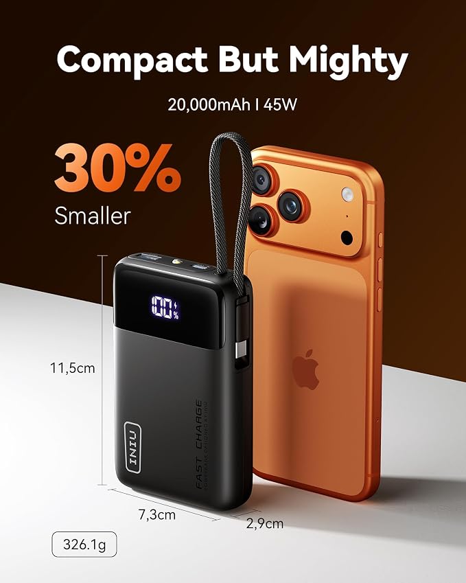 INIU 20000mAh Power Bank, Small 45W PD Fast Charging Portable Charger with Built-in USB C Cable, Flight-Safe Travel External Phone Battery Pack for iPhone 17 Pro Max Samsung S26 iPad etc, Jet Black | Flight-Safe, Built in USB-C Cable, Travel Essential,... - Image 3