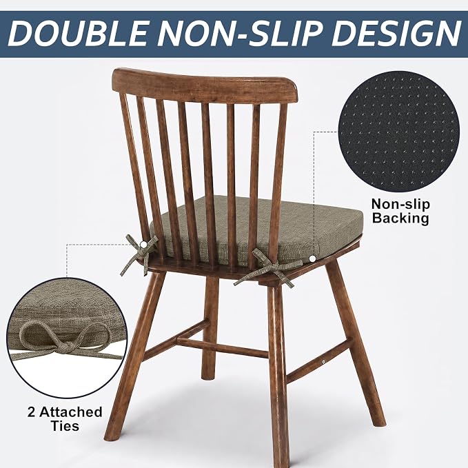Basic Beyond Chair Cushions for Dining Chairs with Ties and Removable Cover, 2" Thick Seat Cushions for Kitchen Chairs, Set of 4, 17" x 16", Khaki - Image 3