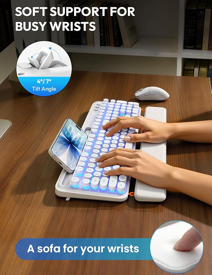 Wireless Keyboard and Mouse, Backlit Typewriter with Magnetic Wrist Rest | Phone Holder, Light Up Round Keycaps, Lighting Mouse, 2.4GHz Cordless Set for Mac, Windows, PC, Laptop, SABLUTE - Image 3