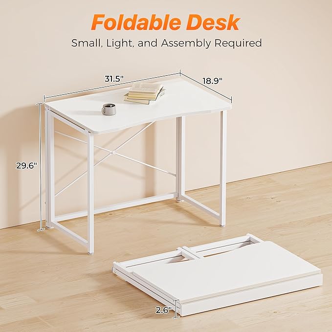 Huuger Folding Desk for Small Spaces, 31.5 Inch Foldable Computer Table | Easy Assembly, Small Writing Work Office Computer Desk, for Home Office, Study, Bedroom, Dorm, Space Saving, White - Image 2