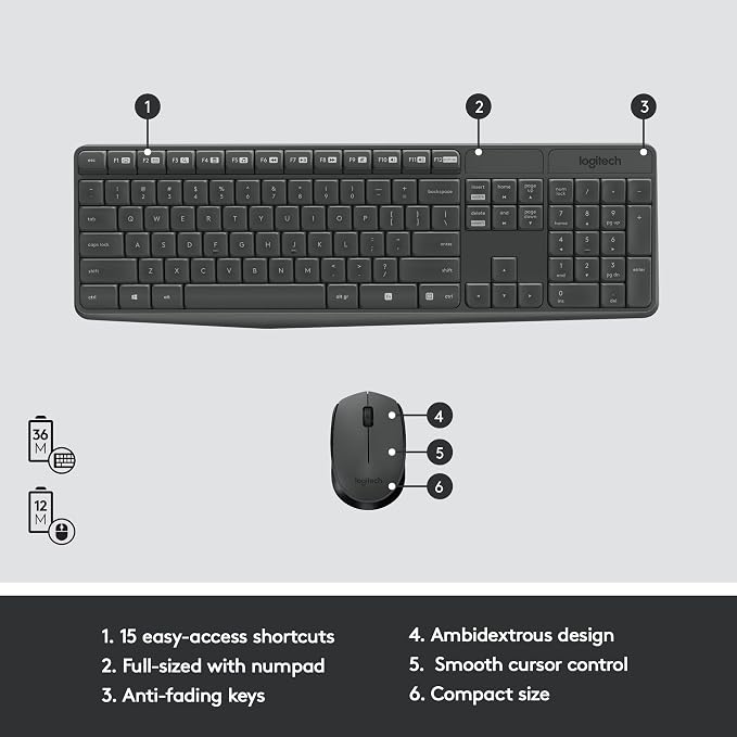 Logitech MK235 Full Size Wireless Keyboard and Mouse Combo | Full size keyboard with spill-resistant design, compact ambidextrous mouse, connect via single included USB-A Nano Receiver - Image 6
