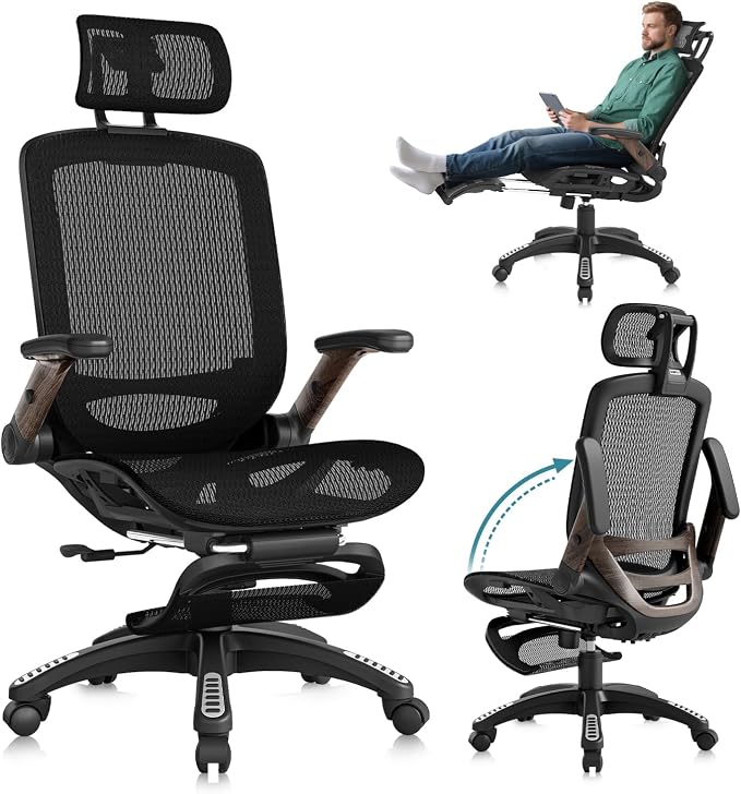 Ergonomic Office Chair with Footrest, High Back Mesh Computer Chair with Flip-Up Arm, 3D Headrest, 135° Reclining, Rolling Gaming Task Chair with Wide Seat Lumbar Support,300LBS by GABRYLLY