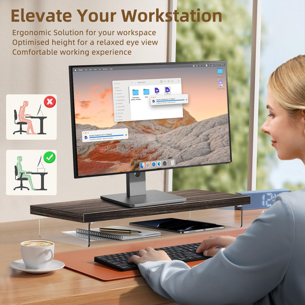 Dual Monitor Stand Riser, 40x10 in Wood & Acrylic Desktop Organizer Shelf - Image 5