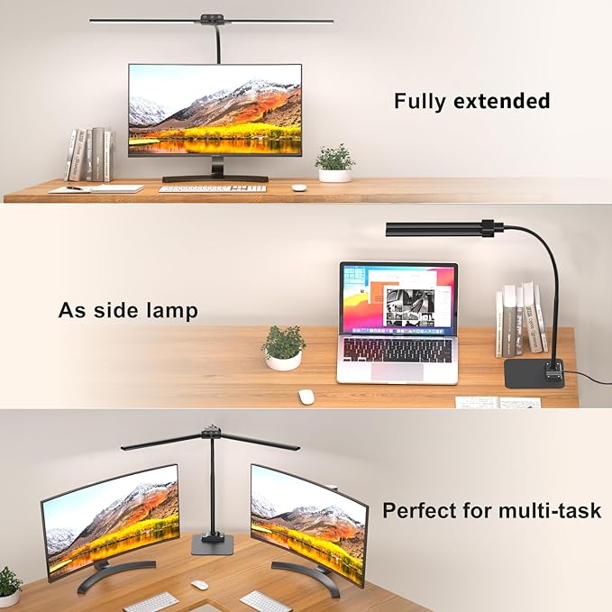 LED Desk Lamp Double Light: 1200LM Desk Light Base for Home Office, Black | Dual Screen Computer Monitor Light, Architect Table Lamp for Working Reading Drafting,Dimmable 4 Colors Memory 30-Min Timer - Image 2