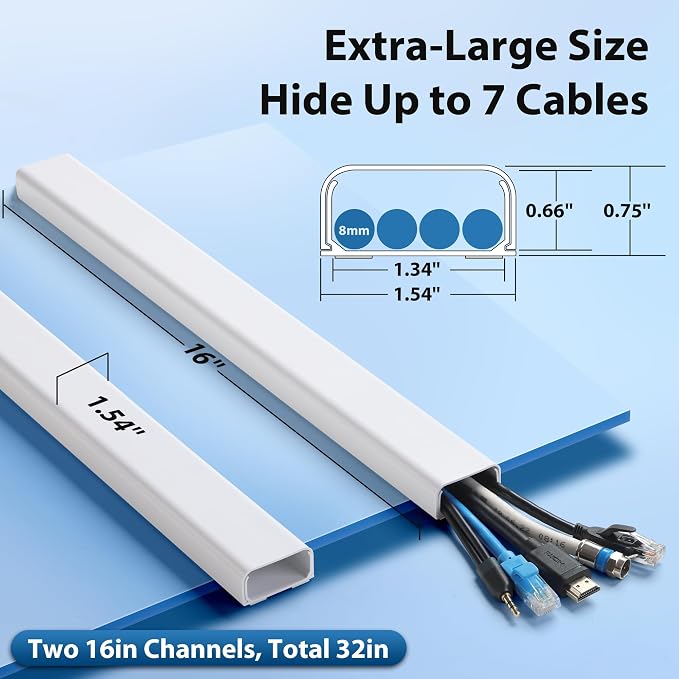 ZhiYo 32" Cord Covers for 4-7 Wires on Wall, White, 1.54" W x 0.75" H | Paintable TV Cord Hider for Wall-Mounted TVs, Self-Adhesive Wire Cover for Walls, Easy Installation, 2 Pack (16" Each) - Image 2