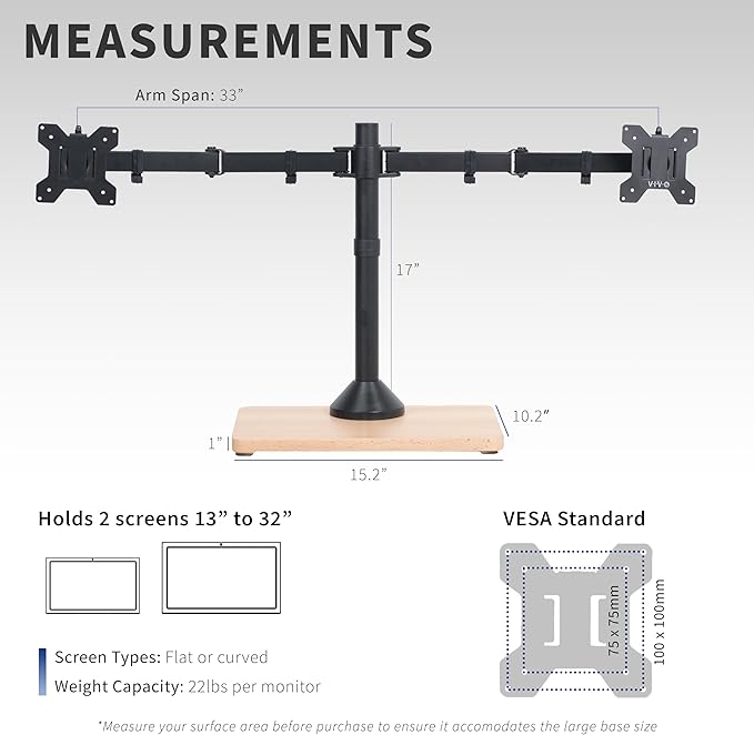 VIVO Dual Monitor Desk Stand for 13 to 32 inch Screens, STAND-V002FD-B | Articulating, Freestanding Adjustable Monitor Arm, Black with Wood Base, Computer Stand for 2 Monitors, Holds 22 lbs Each - Image 4