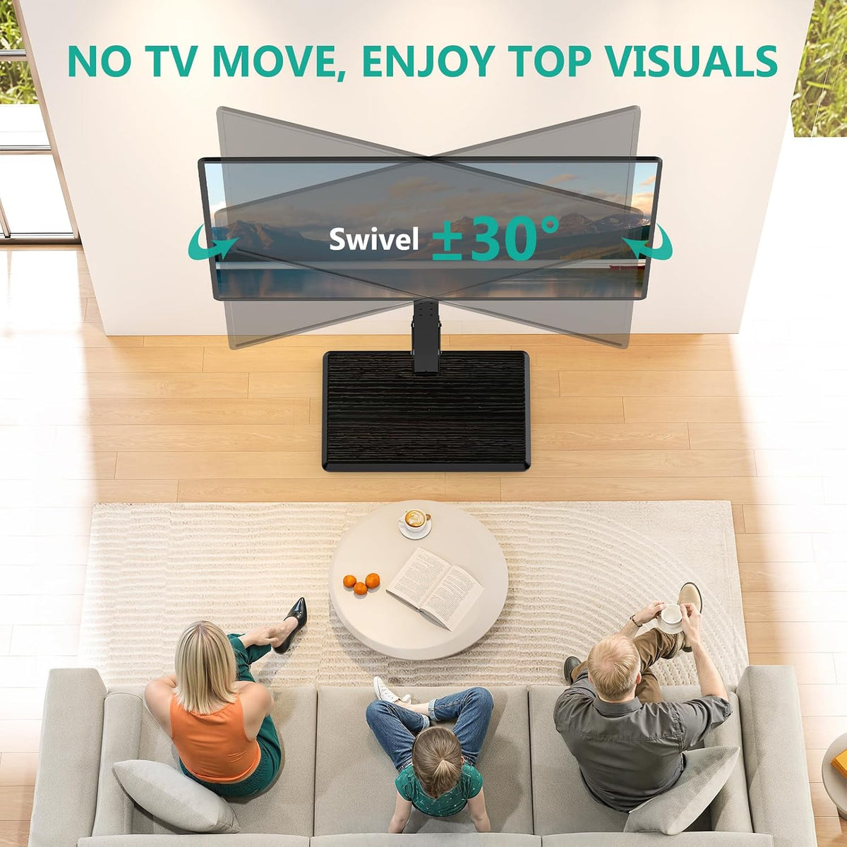 WALI Floor TV Stand with Power Outlet, Tall TV Stand Mount for 32-75 inch TV up to 110 lbs, Swivel and Height Adjustable TV Stands with Wood Base for Bedroom, Living Room(TVDVD-7P), Black - Image 4
