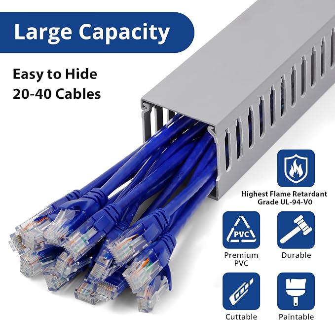 2" H x 2" W Cable Raceway, 66in Under Desk Wire Management Channel, Grey | Slotted Wire Duct, 4Pack, 16.5in Each, Heavy-Duty PVC Cable Management for Server Racks, Network Cables & Electrical Cabinets - Image 3