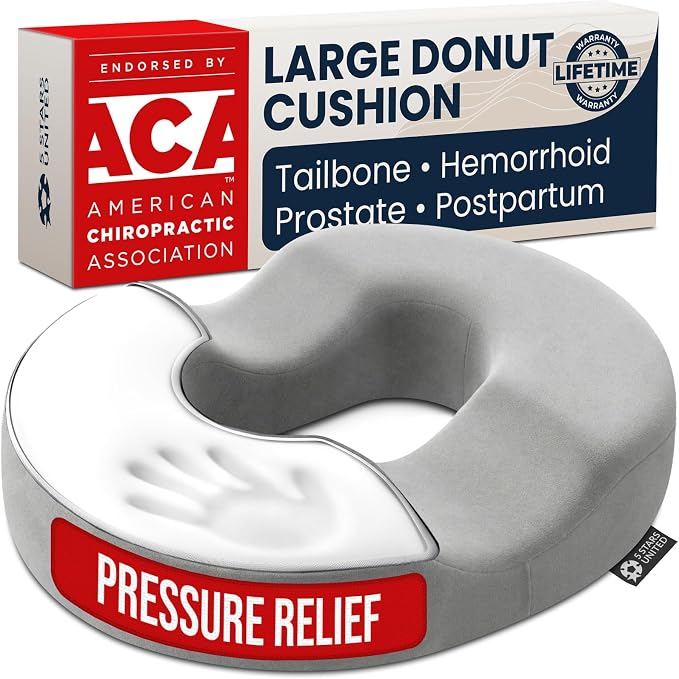 5 STARS UNITED Donut Pillow for Tailbone Pain & Hemorrhoids – Large Memory Foam Seat Cushion for Bed Sore-Prone Areas & Pressure Relief – Prostate, Postpartum & Pregnancy Support, Premium Gray Suede by 5STARSUNITED