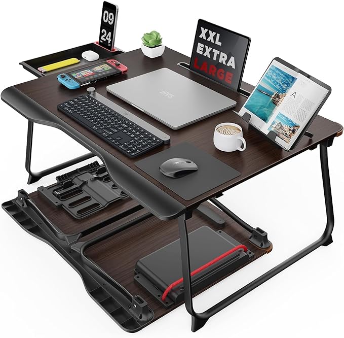 SAIJI Laptop Desk for Bed, XX-Large Foldable Bed Tray Table, 25.6" x 19.3" | Laptop Table for Eating Breakfast, Writing Working Gaming Drawing with Storage Drawer, Bookstand, Tablet Stand, Black Cherry by SAIJI