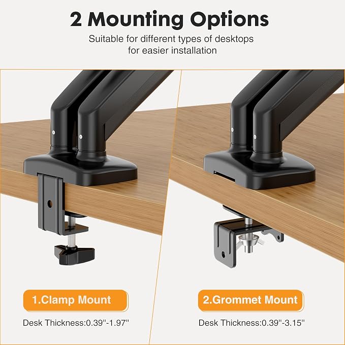 DUMOS 2Pcs Dual Monitor Mount for Desk, Gas Spring Monitor Arm for 2 Monitors Max 32 Inches, Fully Adjustable Double VESA Mount with C-Clamp/Grommet Base, Holds Screen 17.6 lbs - Image 4