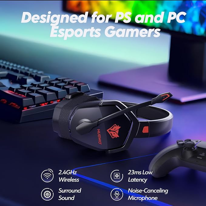 NUBWO Wireless Gaming Headset with Mic for Ps5 Ps4 PC, Zero Interference, 100-Hour Battery All-Day Play, 23ms Sync​ for Fortnite & Call of Duty/FPS Gamers, Triple Mode All Devices Compatible - Red - Image 2