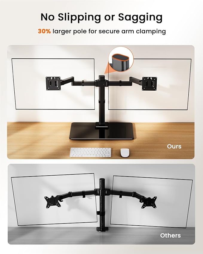 ErGear Freestanding Dual Monitor Stand for 17 to 32 Inch Screens, Computer Monitor Mount for 2 Screens, Dual Monitor Arm with Tempered Glass Base, VESA Mount Desk Stand Holds 22 lbs per Arm - Image 4