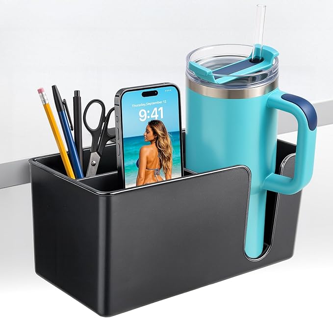 OOKUU 3-in-1 Desk Organizer - Large Desk Cup Holder Clamp, Pencil Holder and Phone Stand - Detachable Anti-Spill Table Cup Holder, Office & PC Gaming Desk Accessories for Cup, Phone and Pen (Black) by OOKUU