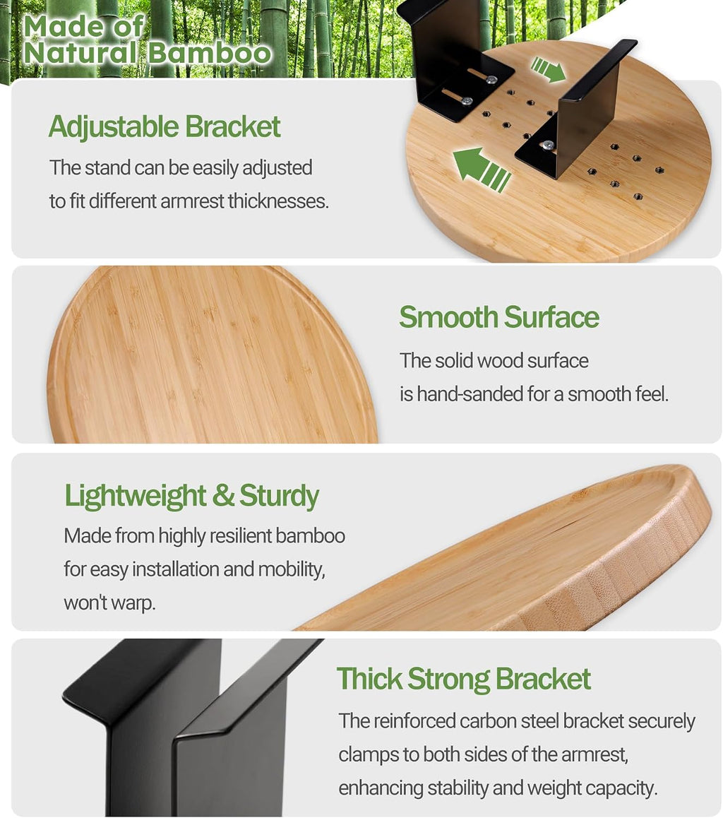Bamboo Couch Arm Tray,12'' Space Adjustable Sofa Arm Table,Round Chair Arm Table Sofa Armrest Tray for Thin & Wide Couches Arm,Snack Armchair Couch Caddy - Image 5