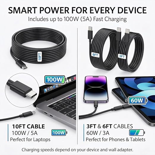 3-Pack USB C to USB C Fast Charging Cable for Samsung Charger Cord | Type C to C Charging Cord, (100W 10ft/5A, 60W 3ft/6ft), Compatible with Samsung Galaxy S26,S25, S24, S23,iPhone 17/16/15 - Image 2