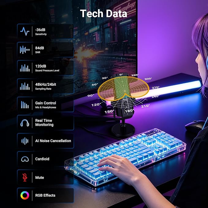 NEEWER UM01 AI Noise Canceling USB Microphone, Plug & Play Cardioid RGB Condenser Mic Mute/Music Sync/App Control for Android Windows PC Mac PS4/5 Gaming Recording Streaming Podcasting Studio Computer - Image 3