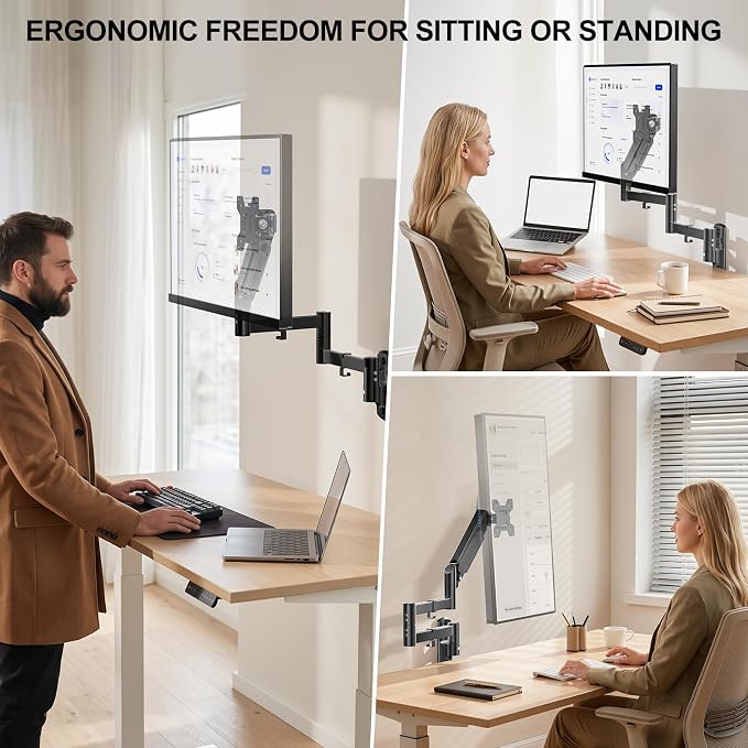 WALI Long Arm Monitor Wall Mount for 17-33 inch Screens, Extra Long Reach Single Wall Mount Monitor Arm, Full Motion Adjustable Vesa Wall Bracket 75x75/100x100mm, up to 22lbs (GSWM001L), Black - Image 7