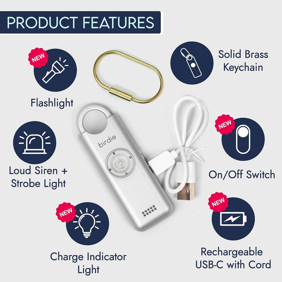 She’s Birdie 3.0 New Version – The Original Personal Safety Alarm for Women by Women–Loud Siren, Flash Light and Rechargeable Battery in a Variety of Colors (Metallic Silver Gray) - Image 3