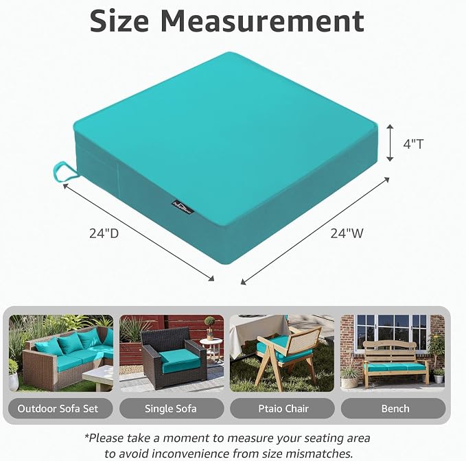 PatioGlow Outdoor Chair Cushions 24 x 24 x 4 Inch, Waterproof & Fade Resistant Patio Seat Cushion for Furniture with Handle and Ties, Thick Seating Pads for Outside Sofa Couch Set of 2, Teal - Image 2