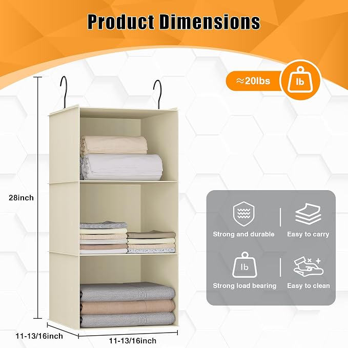 Hanging Closet Organizer 3-Shelf, Oxford Fabric Wardrobe Storage, Beige | Easy-mount foldable design holds clothes, handbags, shoes & accessories; washable Oxford fabric, sturdy and space-saving. - Image 3