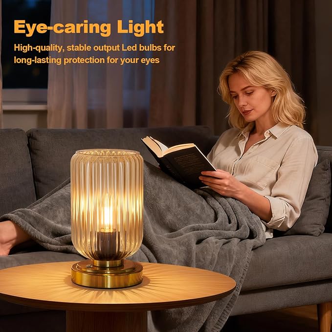 LightRound Cordless Table Lamp for Bedroom, Touch Stepless Dimmable, Modern | 7500mAh Rechargeable Battery, Amber Glass Shade, Brushed Gold Base, Bulb Included, Wireless Lamp for Desk, Living Room - Image 4