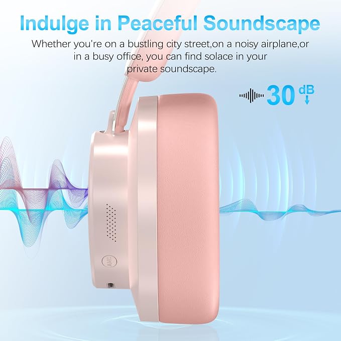 Over Ear Headphones Wireless Bluetooth, Noise Cancelling Headphones Bluetooth with Microphone, Cancelling Wireless Headphones Over Ear, 65h Playtime, Clear Calls, Comfort Fit For Travel (Pink) - Image 3