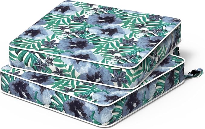 Patio Chair Cushions 19 x 19 x 3 Inch, Outdoor Cushions for Patio Furniture, Water Repellent Outdoor Seat Cushions with Straps Garden Sofa Couch Pads, Set of 2,Blue Salmone Tropical by TWLEAR