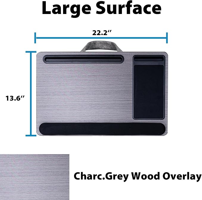 Cyberguys Comfort Lap Desk for Laptop up to 15.6 in – Black with Charcoal | Grey Wood Overlay with Mouse Pad, Phone & Tablet Slot, Dual Cushion Base, Wrist Rest & Carry Handle for Bed Desk Couch Sofa - Image 7