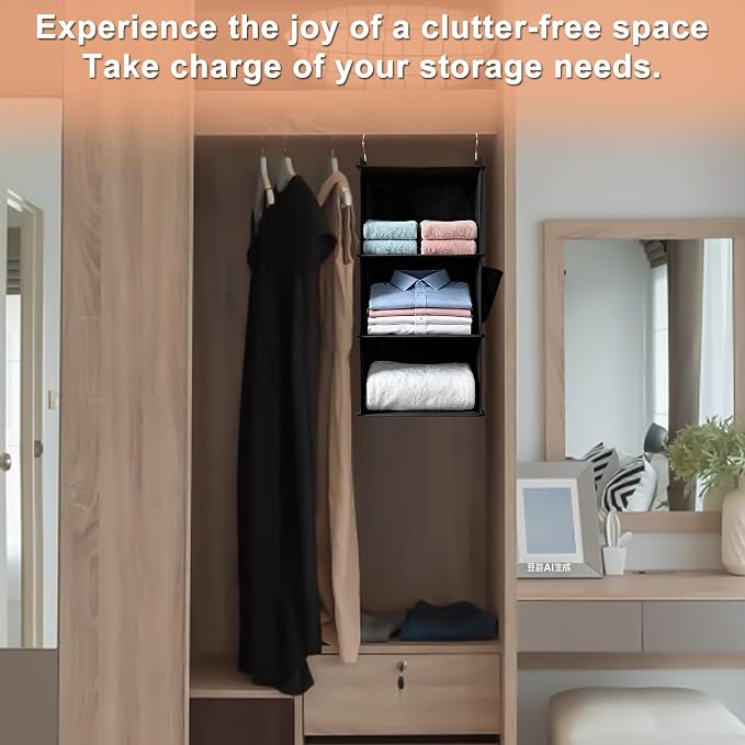 Hanging Closet Organizer and Shelves,3 Shelves with 1 Side Pockets (Beige) | Foldable, Grey Fabric, Modern Style, for Bedroom and Dorm Room - Image 6