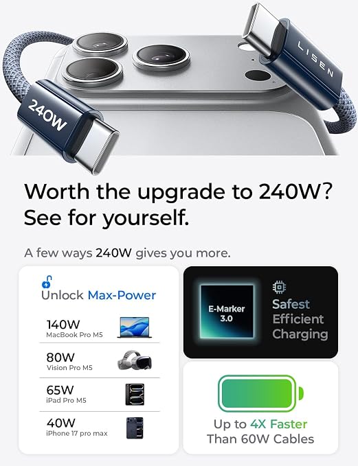 LISEN 10FT USB C Cable Fast Charging, 240W Long USB C to USB C Cable | 2-Pack, Midnight | USBC Cable for iPhone 17/16/15 Pro Max, iPad Pro/Air, MacBook Pro/Air, Samsung Galaxy S26 Ultra, Laptop - Image 2