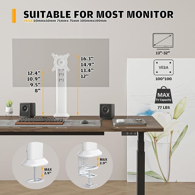Hemudu Single Desk Monitor Arm Mount Stand Fit for 13 inch to 32 inch Flat Curved Computer Screen with Swivel, Height Adjustable, Rotation,Holds up to 77lbs, White - Image 7