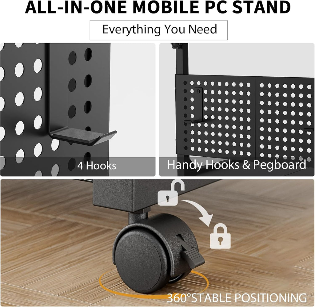 Adjustable Computer Tower Stand with Charging Station & Pegboard,Black - Image 7