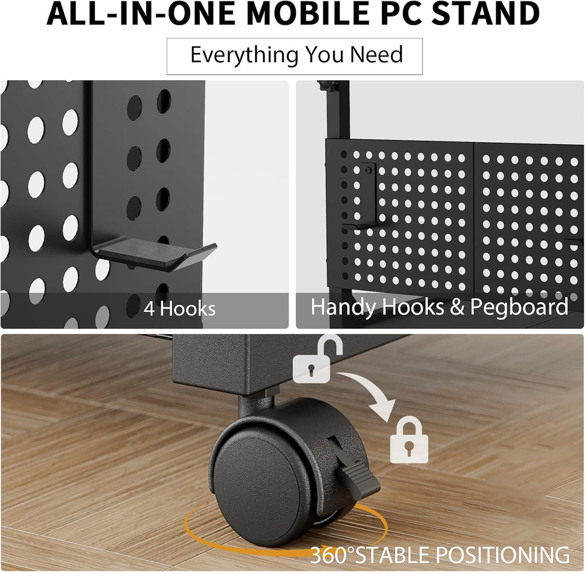 Adjustable Computer Tower Stand with Charging Station & Pegboard,Black - Image 7