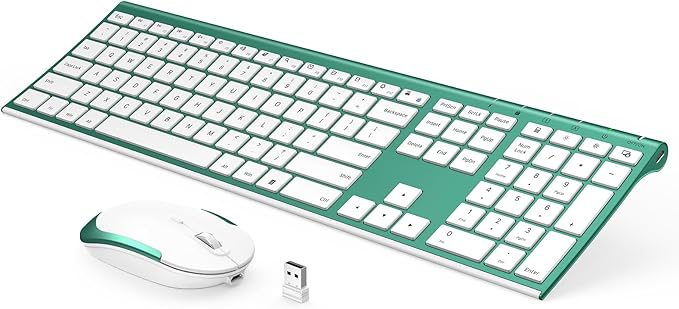Vssoplor Wireless Keyboard and Mouse, Rechargeable Ultra Slim, Green | Quiet Full-Size Keyboard and Mouse Combo Set, for Laptop, PC, Notebook, Desktop, 2.4GHz Stable Connection, Ideal for Office by VssoPlorWirelesskeyboardMouse