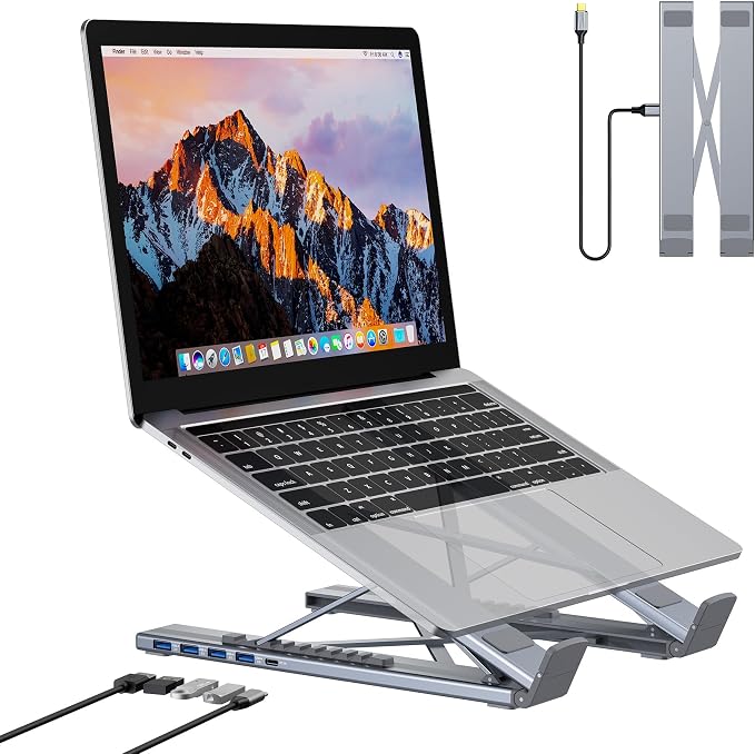 5-in-1 USB C Hub Adjustable Aluminum Laptop Stand | 4-Port USB A 3.0 with 5Gbps Data Transfer USB C Hub Docking Station [Charging Not Supported] for Mac Pro/Air/Dell/HP/Lenovo by Mukiya