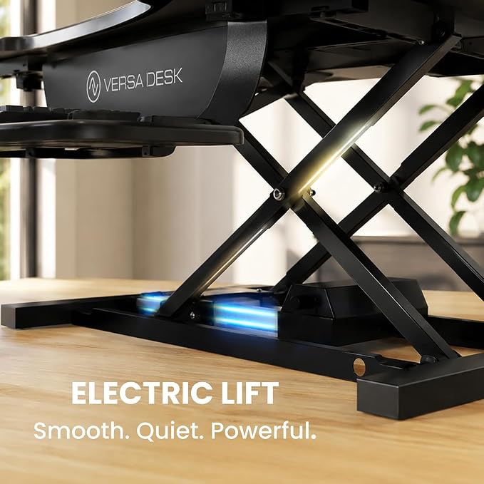 PowerPro 40 Inch Electric Standing Desk Converter – Push-Button Height Adjustable Sit to Stand Desk Riser for Triple Monitors & Laptop – Motorized Desktop Workstation with Wide Keyboard Tray - Image 5