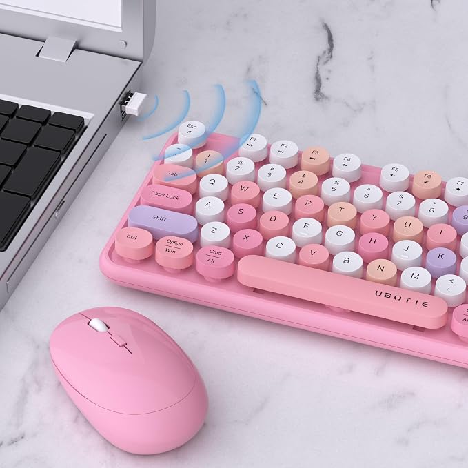 UBOTIE Colorful Wireless Keyboard and Mouse Combo (Pink-Colorful) | Retro Typewriter Floating Full-Sized Keys Computer Keyboard with Optical Mouse, 2.4GHz USB Connection for Windows Mac - Image 3