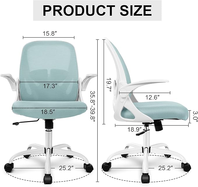 Office Chair Ergonomic Desk Chair with Adjustable Lumbar Support and Height, Swivel Breathable Desk Mesh Computer Chair with Flip up Armrests for Conference Room（Light Blue） - Image 3